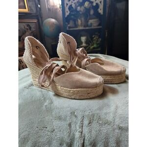 Soludos Tall Wedge Lace Up Espadrilles Suede Tan Ankle Tie Sandals Size 8.5